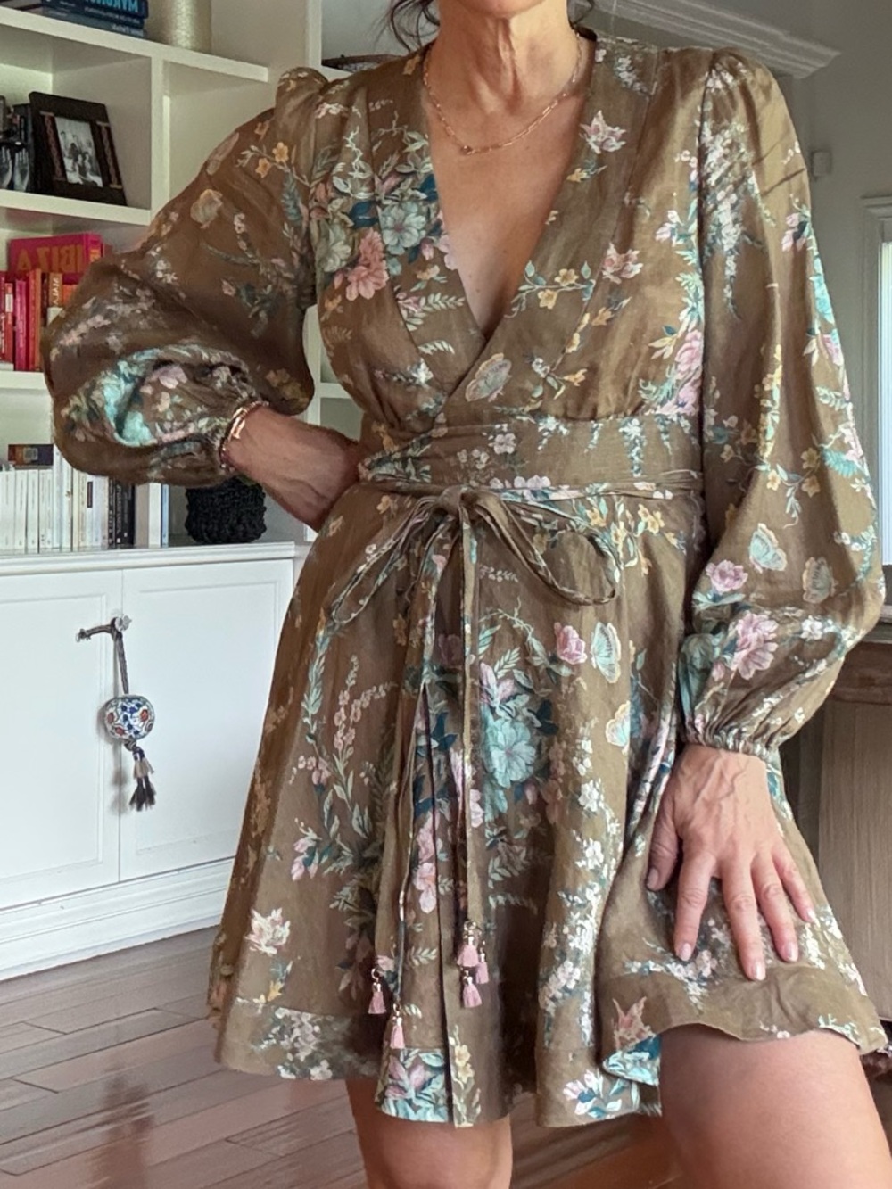 Zimmermann Floral Wrap Mini Dress with Pastel Accents